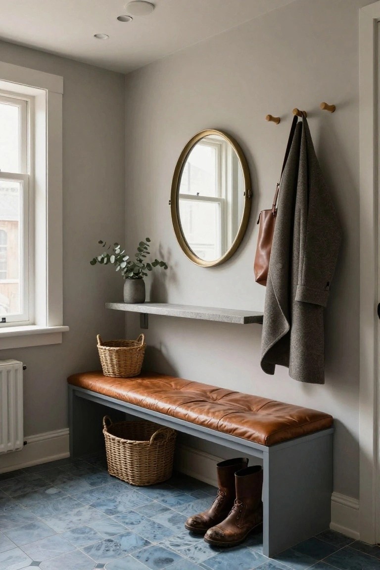 Entryway corner with gray bench topped by tan leather cushion, wicker baskets underneath holding items, wall hooks with gray coat and brown bags, gold round mirror, concrete shelf with eucalyptus plant, radiator, and blue patterned tile floor.