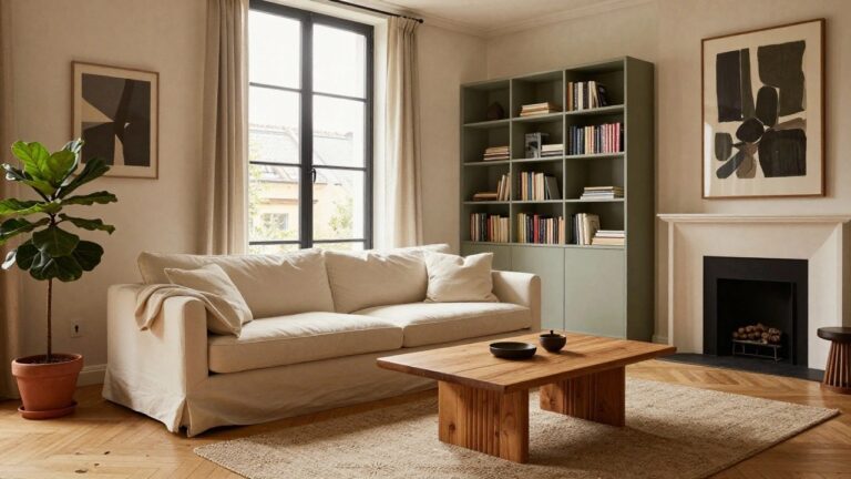 Living room with sage green floor-to-ceiling built-in bookshelves stocked with books and decor items, white slipcovered sofa with throw blanket, wooden coffee table, large potted fiddle leaf fig plant, and beige curtains on black-framed window.