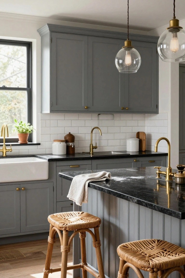 Kitchen with light gray shaker-style cabinets, black granite countertops and island, white subway tile backsplash, brass faucets and hardware, farmhouse sink, and rattan barstools.