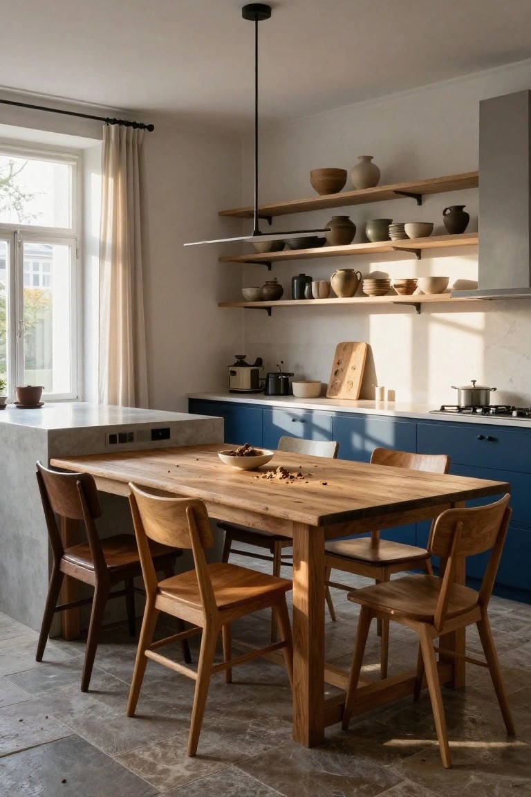 Modern kitchen interior featuring navy blue base cabinets, a concrete peninsula with integrated dining table made of light wood, wooden chairs, open wooden shelves displaying ceramic pottery, and a window with beige curtains.