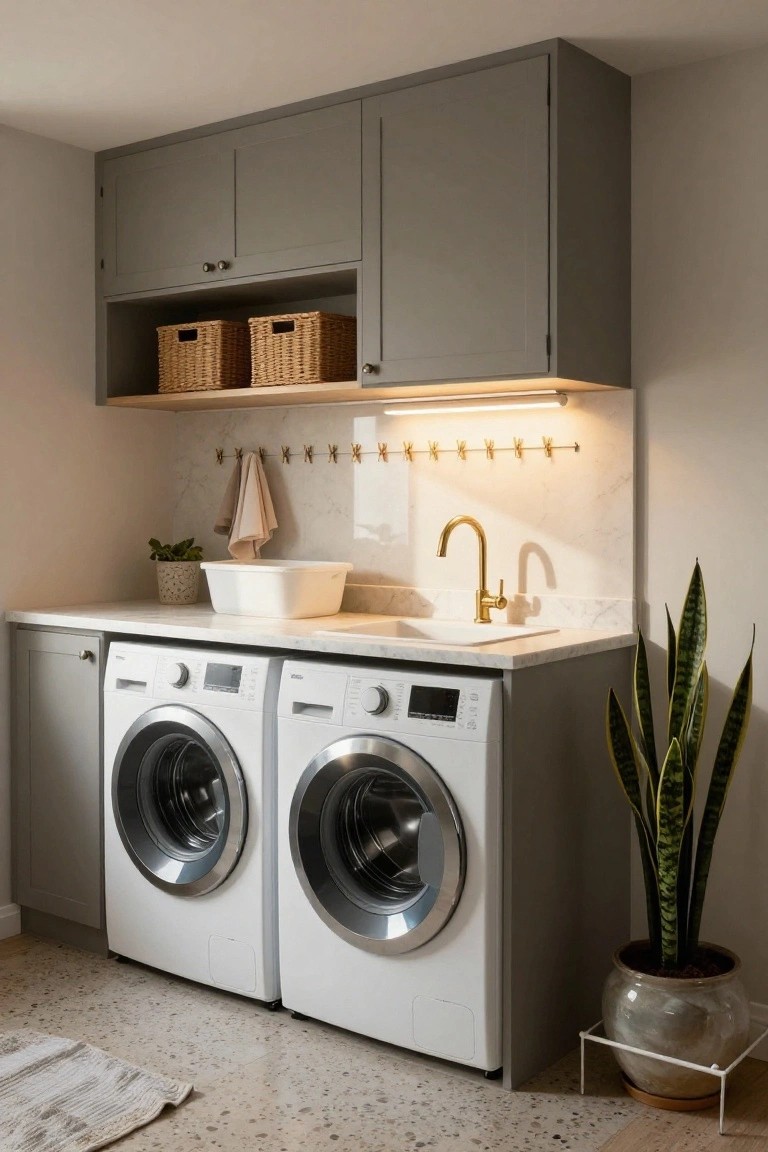 Laundry room with gray cabinets above and below white side-by-side washer and dryer, marble countertop holding white utility sink with gold faucet, brass hooks on marble backsplash with hanging towel, potted plants, and woven baskets on open shelf.
