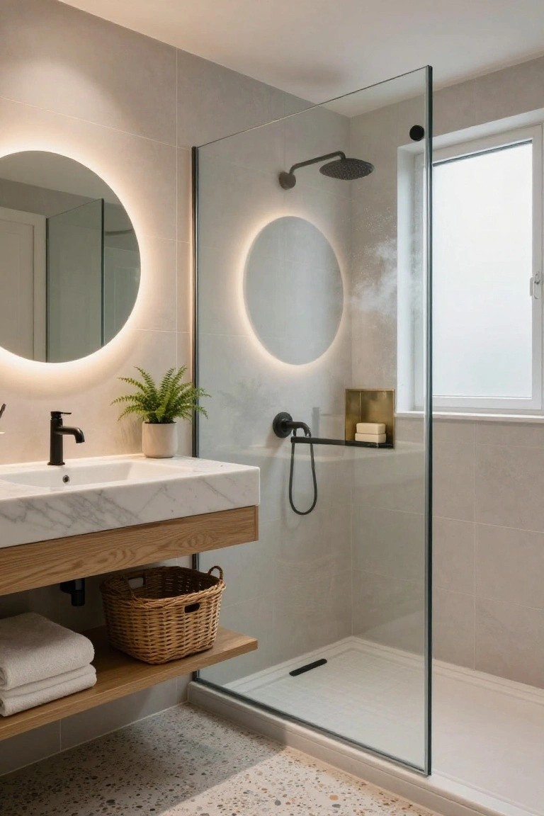 Modern bathroom with floating oak wood vanity topped by white marble sink, black faucet and shower fixtures, large frameless glass shower enclosure, round backlit mirror, potted fern, woven basket, and terrazzo tile floor.
