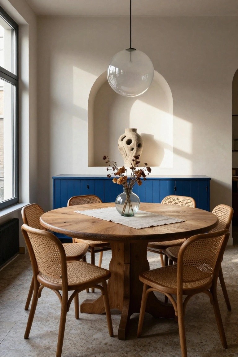 Round wooden dining table with six rattan chairs, blue cabinet with vase, arched niche holding a sculptural pottery piece, and large glass globe pendant light in a white-walled room.