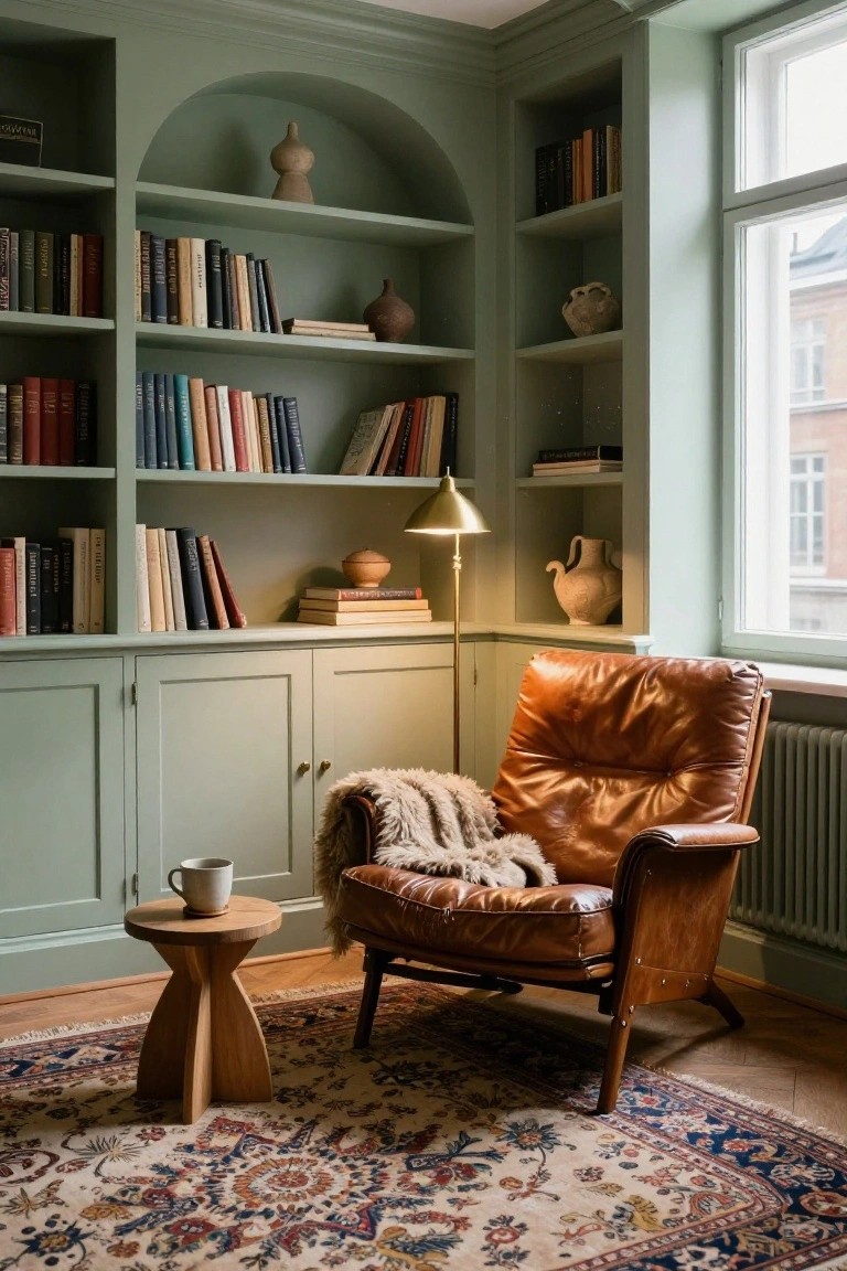 Corner of a room featuring sage green built-in bookshelves filled with books and ceramics, an orange leather armchair with sheepskin throw, wooden tripod side table with white mug, brass floor lamp, and large window with view of brick buildings.
