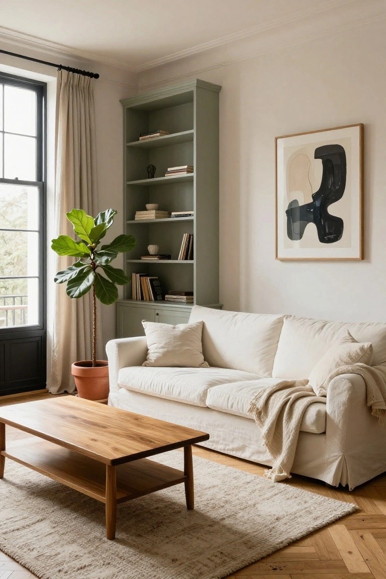 Living room with sage green floor-to-ceiling built-in bookshelves stocked with books and decor items, white slipcovered sofa with throw blanket, wooden coffee table, large potted fiddle leaf fig plant, and beige curtains on black-framed window.