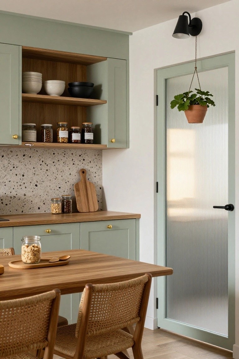 Kitchen with sage green upper and lower cabinets, open wood shelves displaying bowls, jars, and dishes, terrazzo tile backsplash, oak countertop and dining table, rattan chairs, and adjacent green-framed frosted glass door.