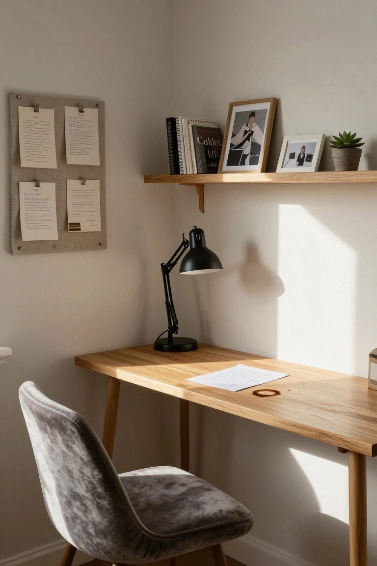 Corner of a light-colored room with a wooden desk topped by papers, a grey velvet chair, black adjustable desk lamp, wooden wall shelves holding books frames and a plant, and a beige bulletin board with clipped papers.
