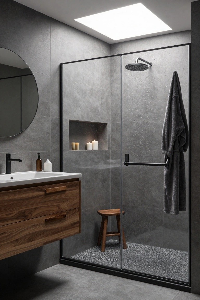 Modern bathroom with gray concrete textured walls and shower enclosure, frameless black glass door, wood vanity under white sink, round mirror, black faucet, pebble shower floor, small wood stool, and candles in niche.