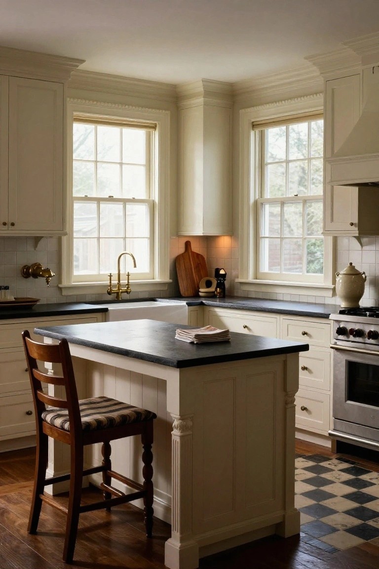 Corner Colonial kitchen with off-white paneled cabinets, black soapstone countertops and island, brass faucet at white farmhouse sink, wood stool, checkered black-and-white tile floor, and warm wood accents.
