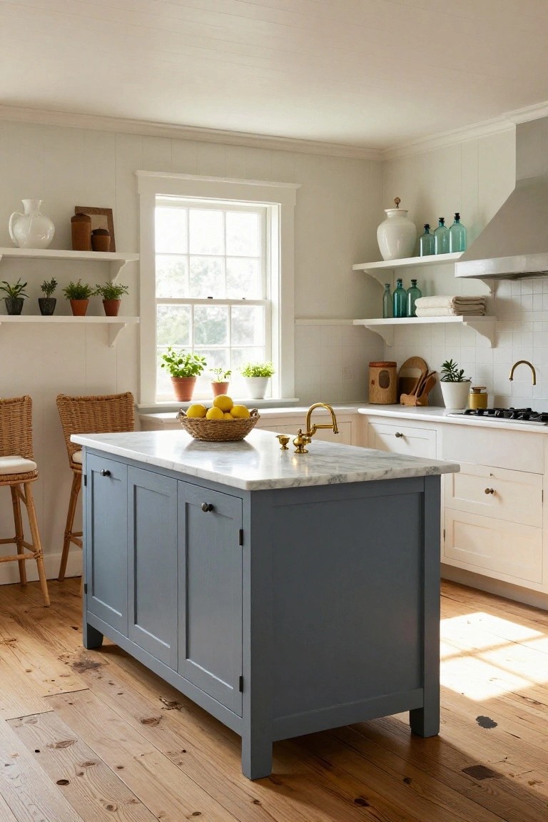 A Colonial kitchen with white shiplap walls, open shelves holding green bottles and plants, a window with potted herbs, white cabinetry, a central gray-blue wooden island with white marble countertop and brass faucet, wicker basket of lemons on the island, rattan bar stools, and wide plank wood floors.