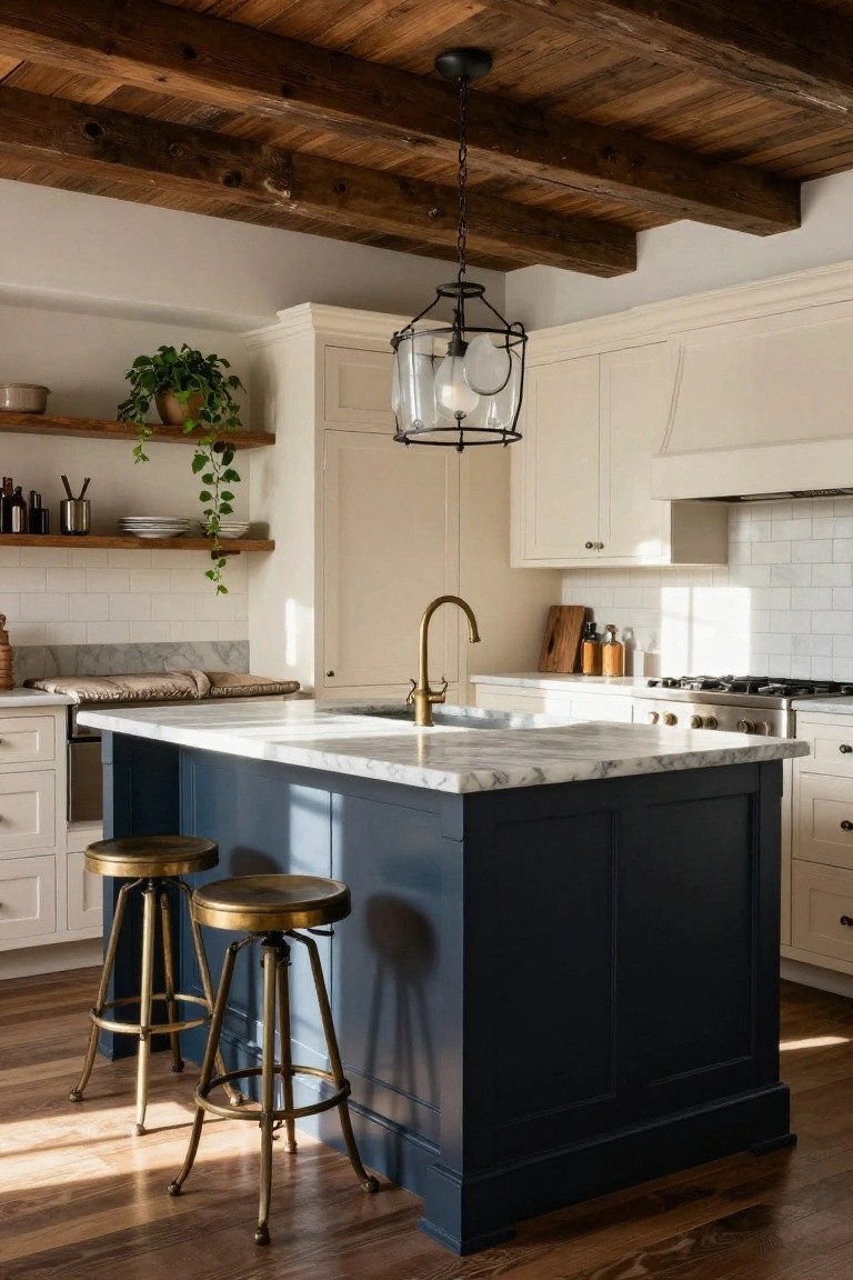Kitchen interior with exposed wooden beam ceiling, white shaker cabinets, navy blue island topped by white marble countertop and flanked by two brass swivel stools, brass faucet, white subway tile backsplash, and open wood shelves with plants and dishes.