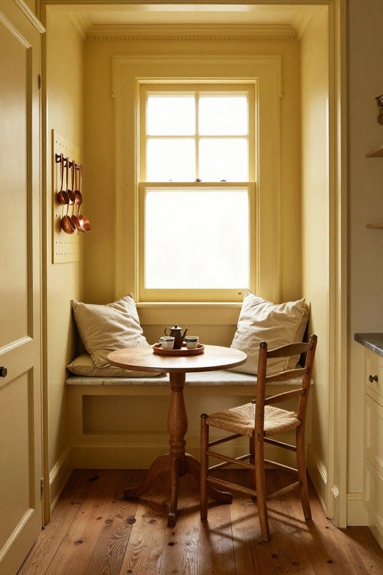 Narrow indoor alcove with pale yellow walls, built-in cushioned bench, small round wooden table with teapot and cups, wooden chair with woven seat, copper pots on wall rack, large window, and adjacent kitchen counter.