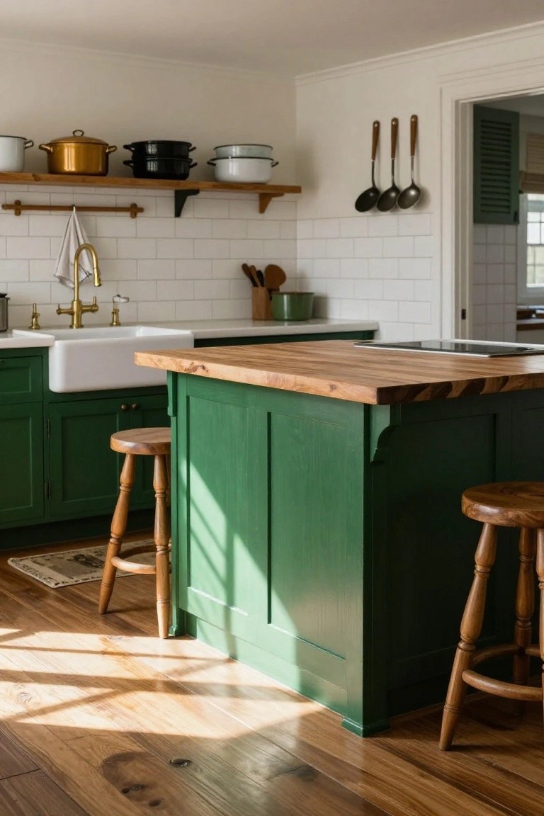 Colonial-style kitchen interior with deep green painted lower cabinets and island, light wood butcher block countertop, wooden bar stools, white farmhouse sink, brass faucet, white subway tile walls, and assorted pots on wooden open shelves.