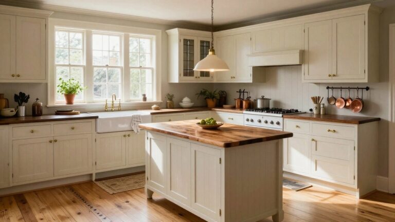 Colonial kitchen with sage green painted cabinets, wooden center island, white farmhouse sink under windows, brass fixtures, and potted herb plant on windowsill.