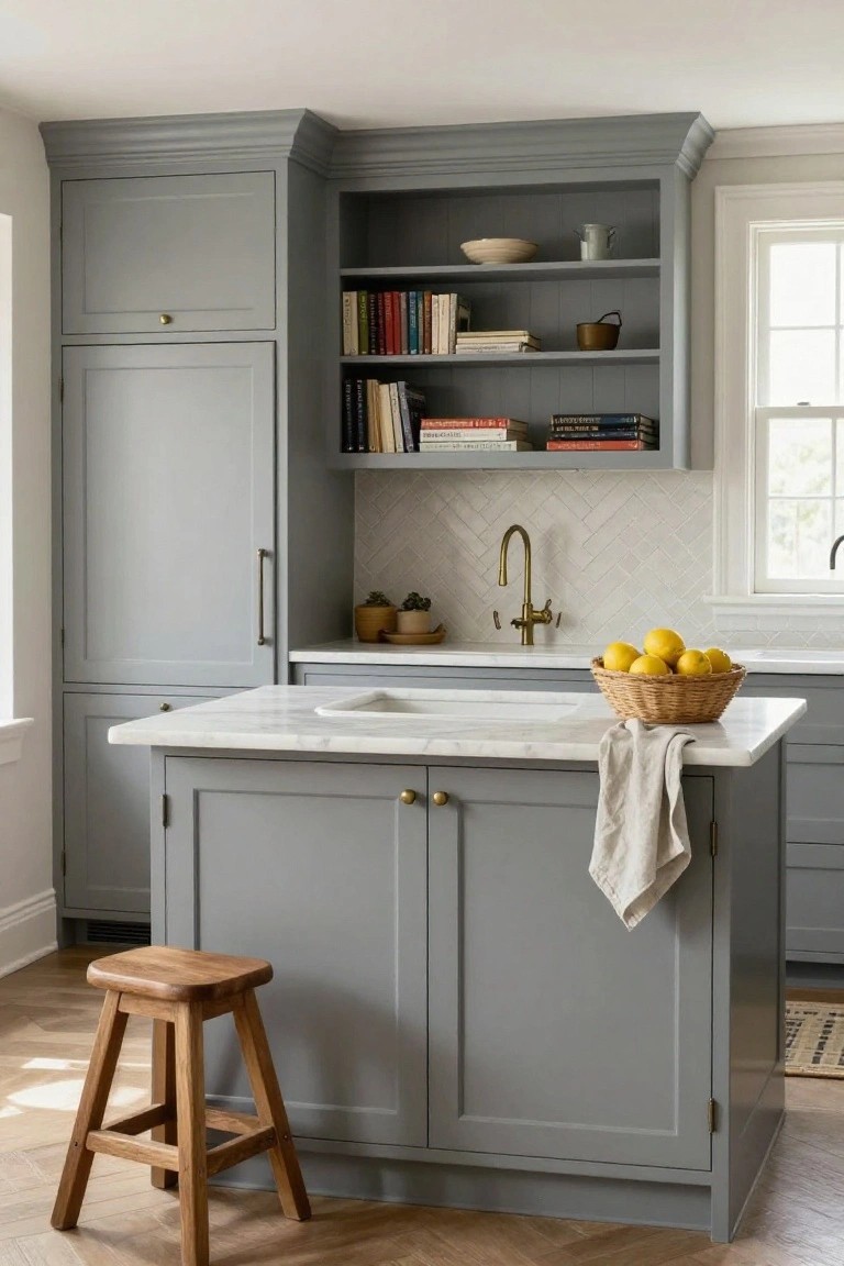 Light gray shaker-style cabinets in a kitchen with white marble island sink, brass faucet, herringbone white tile backsplash, open wooden shelves holding books and pottery, woven basket of lemons, linen towel, and wooden stool on hardwood floor.