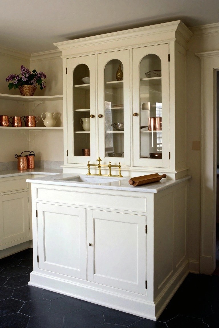 White wooden tall cabinet with three arched glass doors on top displaying white dishes, copper mugs, and pottery, and a marble-topped sink with brass faucets in the lower base section, set against black hexagonal floor tiles in a kitchen.