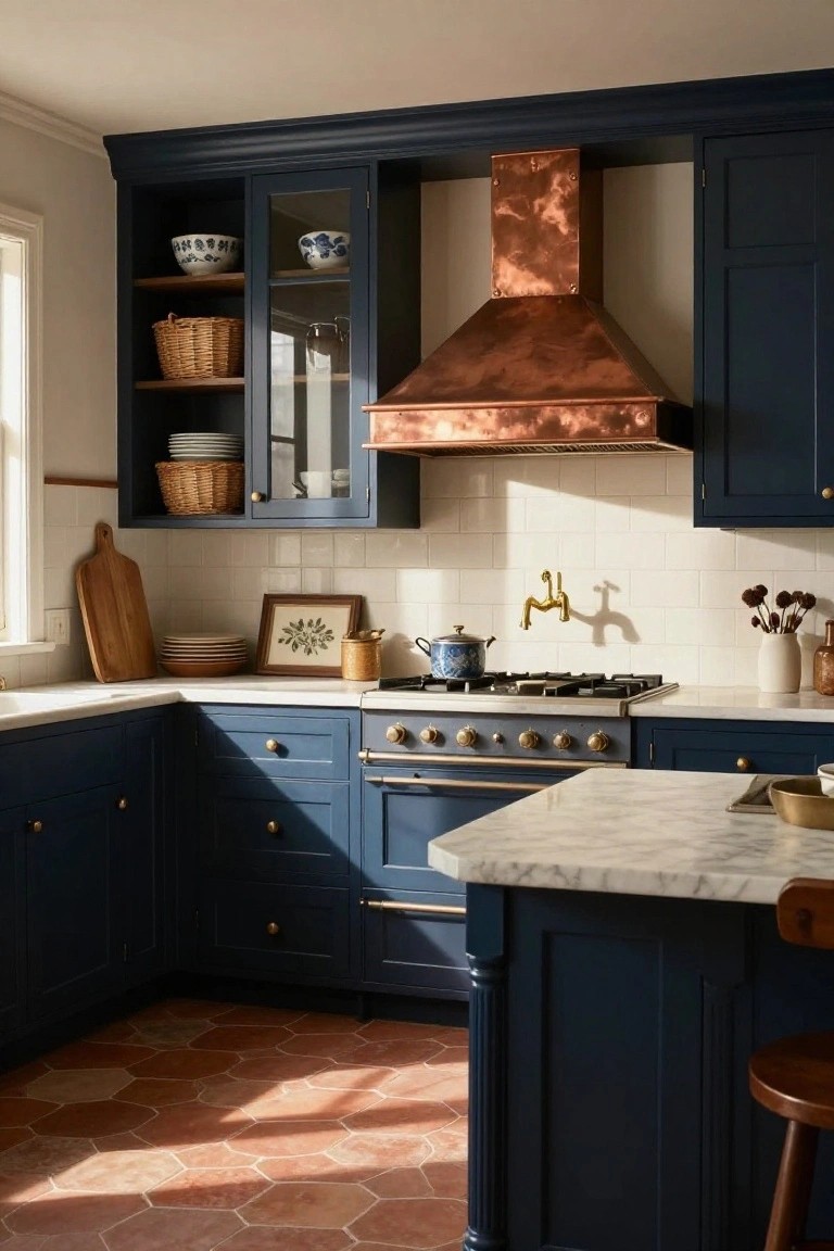 A colonial-style kitchen with navy blue shaker cabinets, copper range hood over a gas range, white subway tile backsplash, marble countertops, wooden cutting board, and hexagonal terracotta floor tiles.