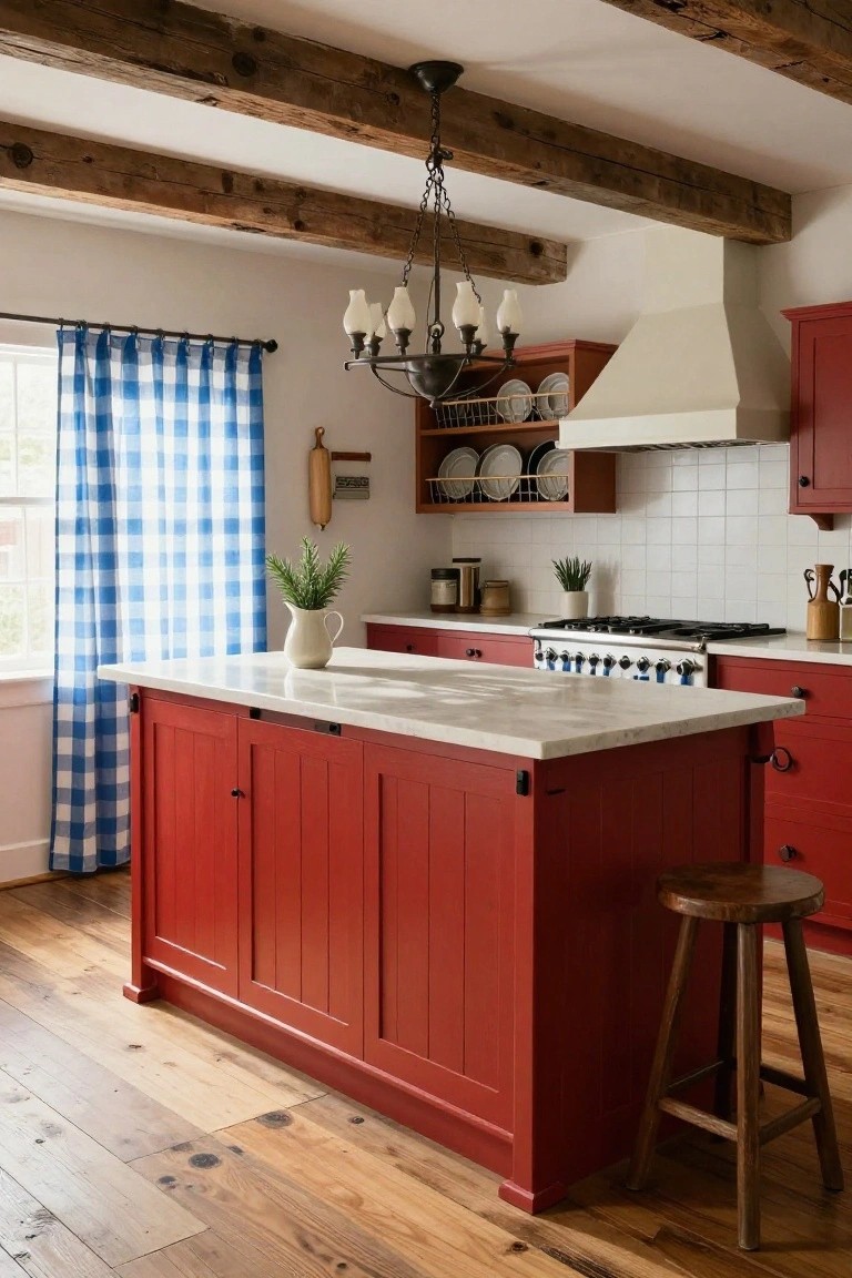 Kitchen with red-painted cabinets and island, white quartz countertop, exposed wooden ceiling beams, blue checkered window curtains, white range hood, and wooden stool.