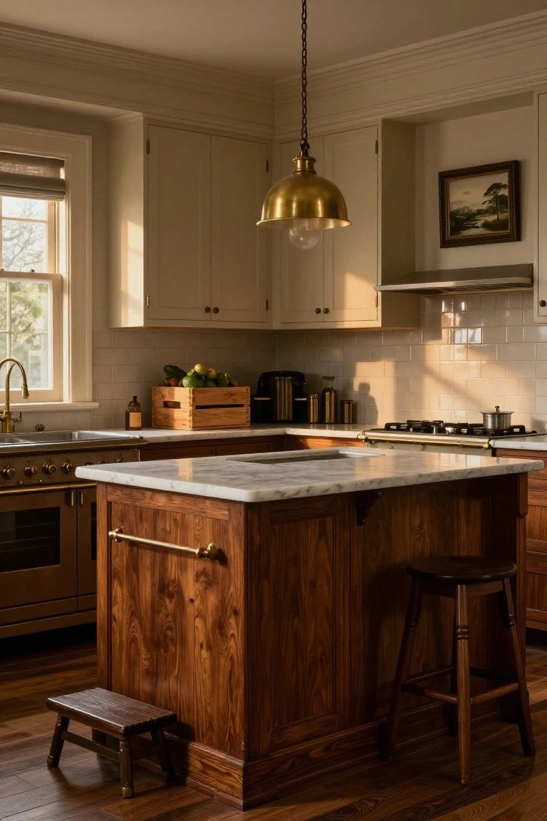 Kitchen interior with off-white cabinets, central wooden island topped by white marble countertop, brass pendant light overhead, wood stools, and brass faucet at sink.