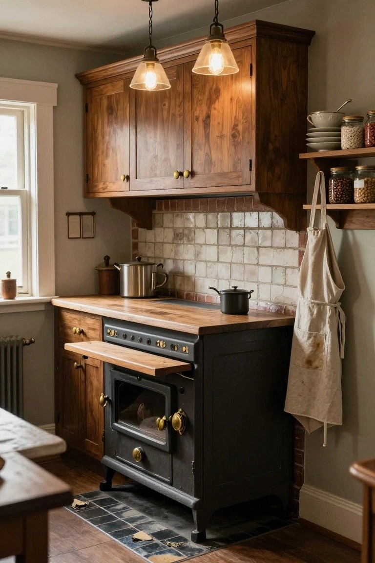 Colonial kitchen interior with wooden cabinets, butcher block countertops, beige subway-style backsplash tiles, black cast-iron range cooker, stainless steel kettle, and hanging white apron.