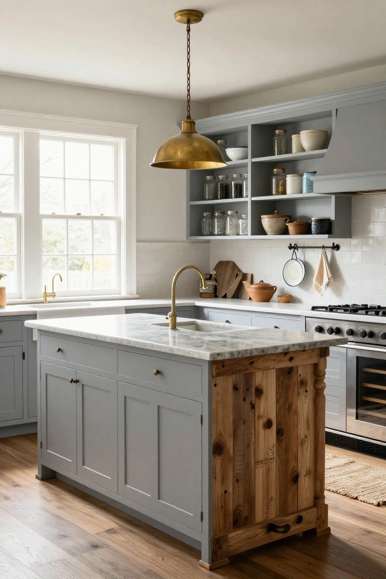 Kitchen with light gray shaker cabinets, central island topped in white marble with exposed wooden legs and base, brass pendant light, white subway tile backsplash, and brass faucet over sink.