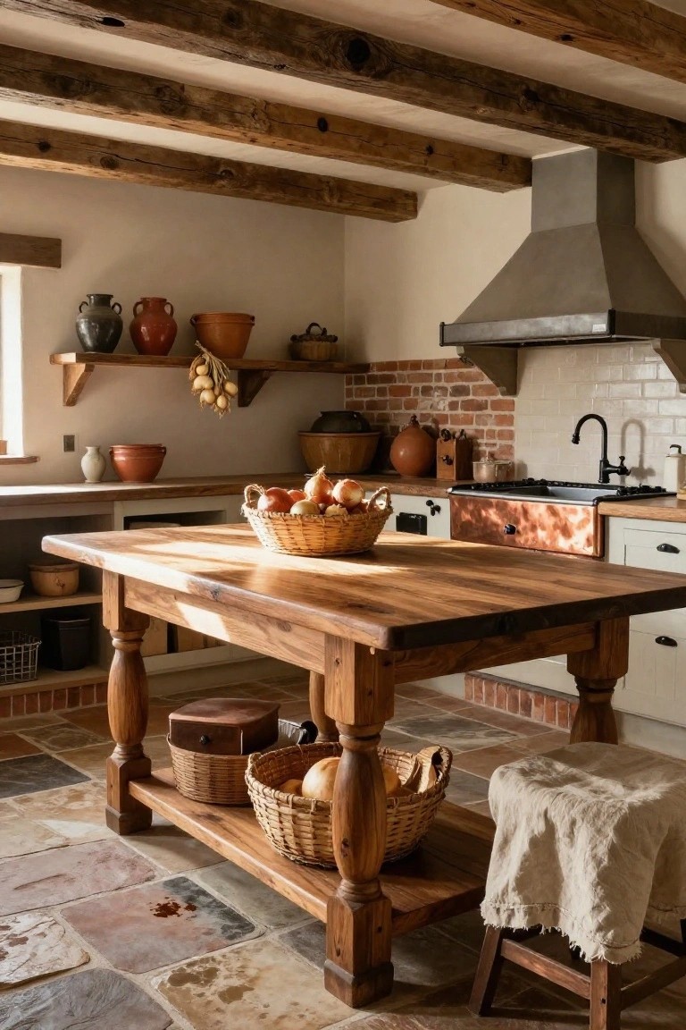 A sunlit rustic kitchen with exposed wooden beams, brick backsplash, copper sink, terracotta pots on shelves, and a large wooden table with woven baskets of produce underneath.