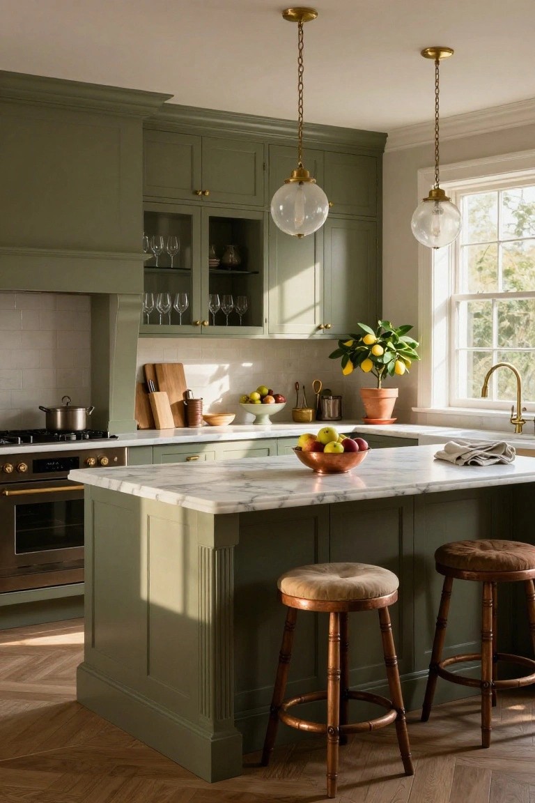 A colonial-style kitchen interior with sage green cabinets, white marble island countertop holding fruit bowls, two wooden bar stools, brass pendant lights, and a potted lemon tree near a window.