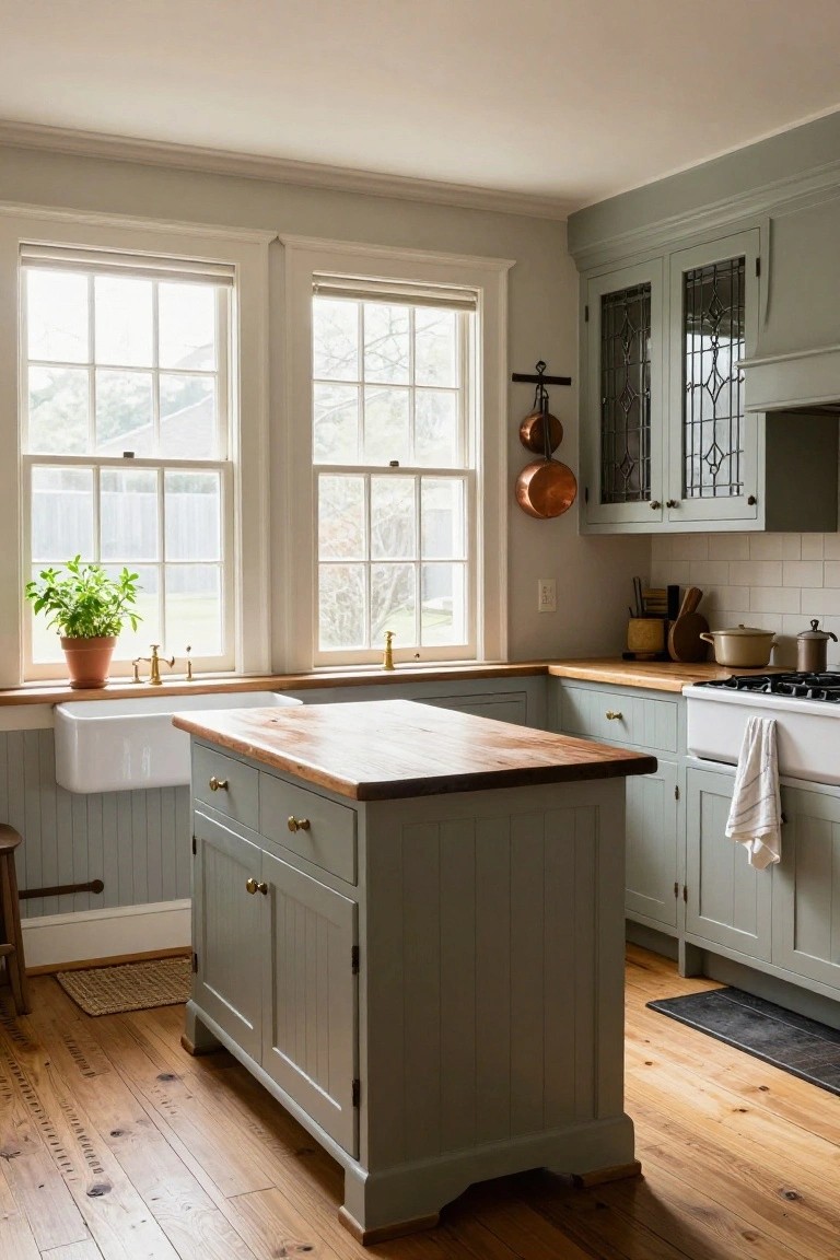 Colonial kitchen with sage green painted cabinets, wooden center island, white farmhouse sink under windows, brass fixtures, and potted herb plant on windowsill.