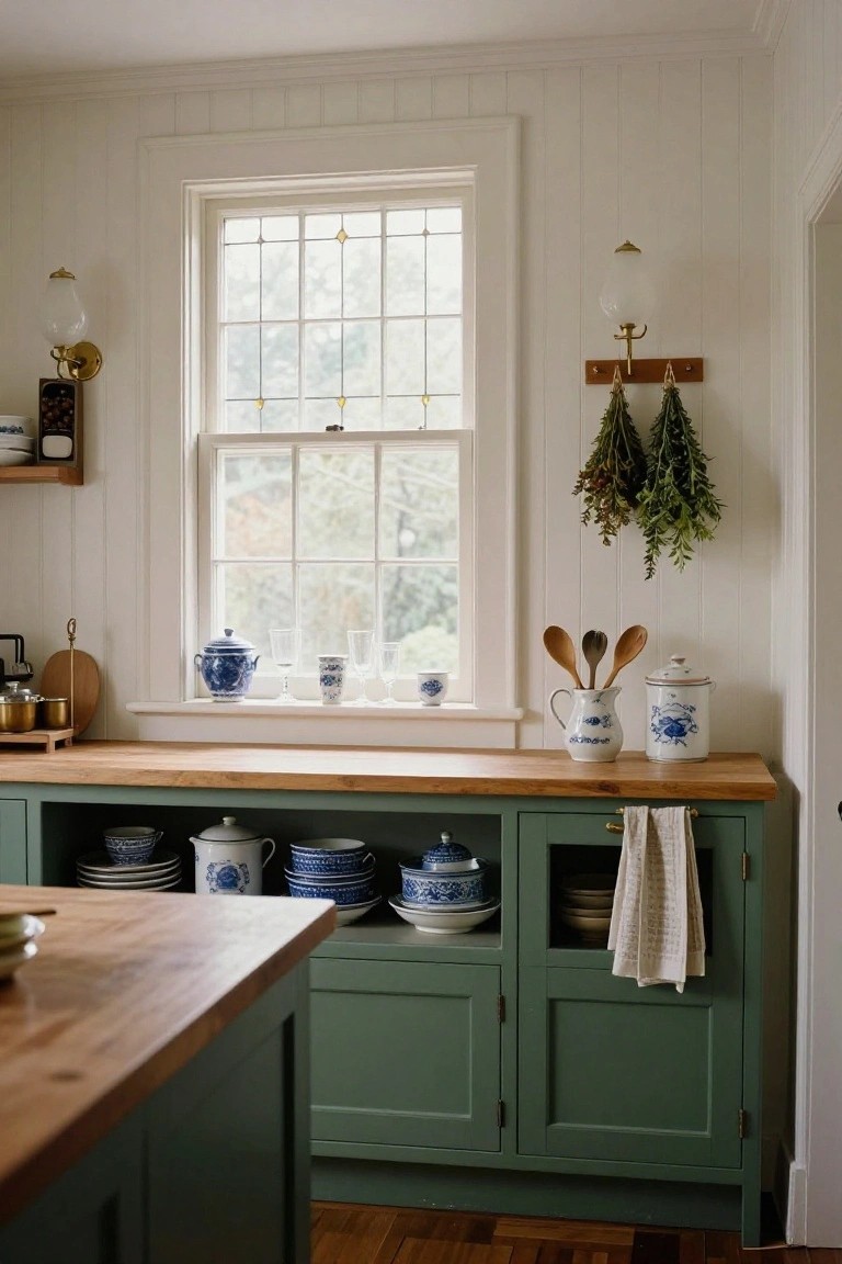 A colonial kitchen with sage green lower cabinets, light wooden countertops and island, white shiplap walls, a large window, hanging wooden utensils, and blue and white porcelain dishware on shelves and counters.