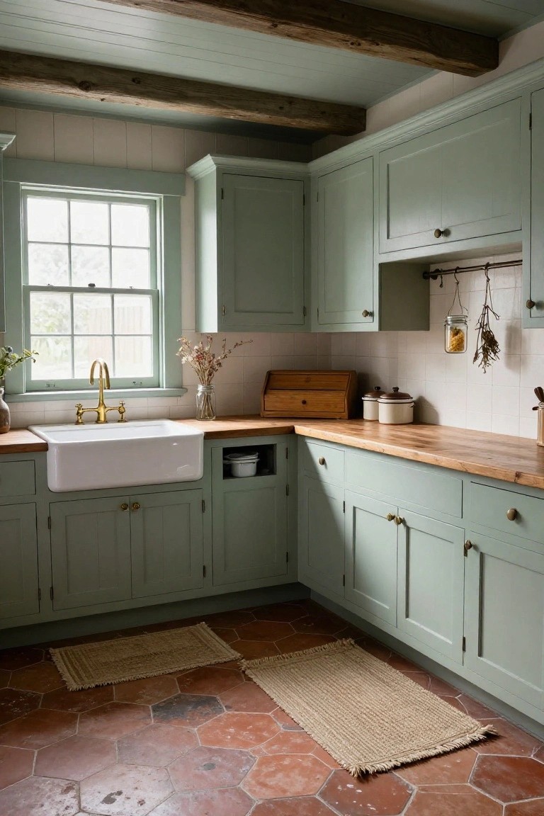 Corner kitchen with light sage green shaker cabinets, white farmhouse sink on wood countertop, exposed wood beams on ceiling, white subway tile backsplash, and hexagonal terracotta floor tiles with seagrass rugs.