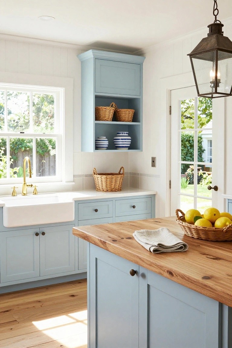 A bright kitchen with light blue shaker-style cabinets, white farmhouse sink, gold faucet, wooden island holding lemons in a wicker basket, white tiled backsplash, and glass doors opening to a garden.