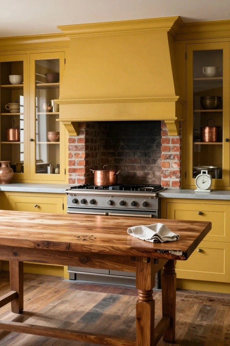 A colonial kitchen with mustard-yellow painted cabinets, glass-front uppers holding pottery and copper pots, exposed brick range hood over stainless steel oven, white countertops, and wooden farmhouse table on hardwood floors.