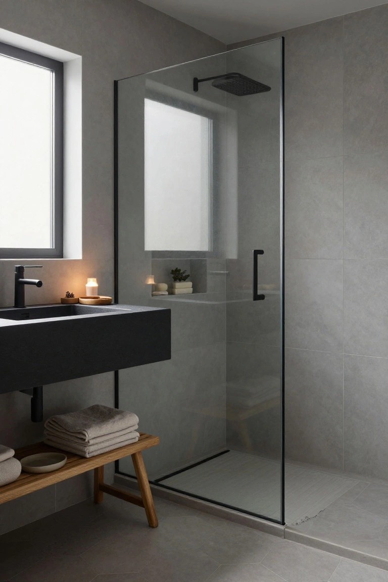 Modern minimalist bathroom with gray tile walls and floor, frameless glass walk-in shower with black showerhead and handle, floating black vanity and faucet, wooden bench holding folded beige towels and a dish, and a small potted plant in a wall niche.