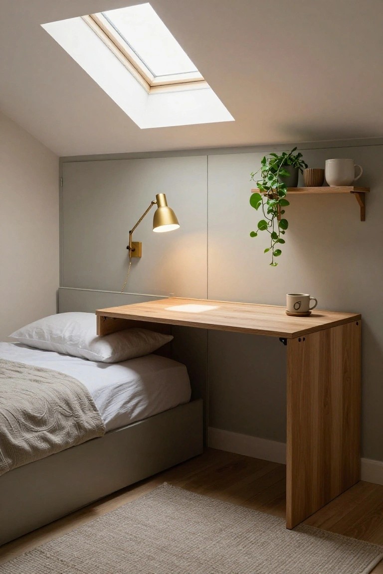 Small attic bedroom with low platform bed, wooden desk extending from bed edge, white bedding, gray walls, hanging plant on shelf, gold wall lamp, and skylight overhead.