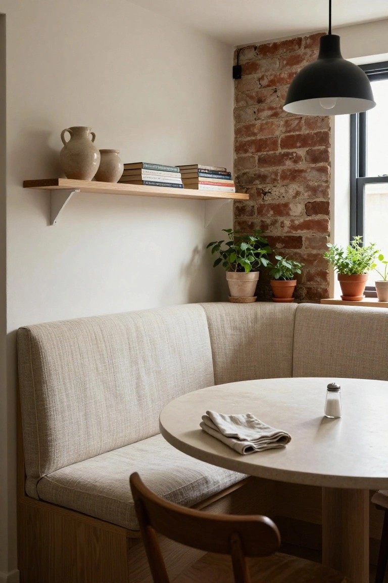 Beige upholstered L-shaped booth with wooden base around a round light wood table set with linen napkins and a salt shaker, next to exposed brick wall with plants and shelves in a kitchen nook.