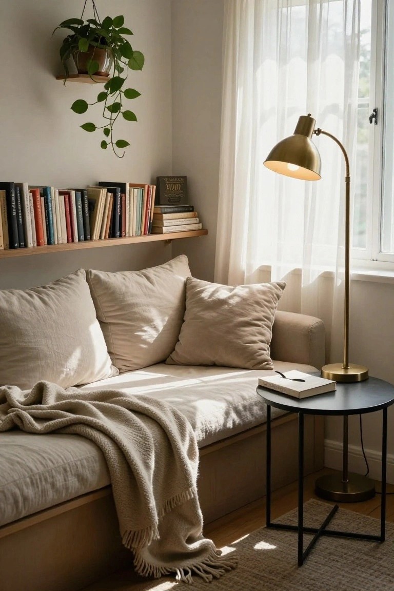 A minimalist indoor corner with a low cream linen sofa covered in pillows and a beige wool throw blanket, a black round side table holding an open book, a brass arched floor lamp, wooden bookshelves with books, a hanging potted plant, and sheer curtains over a window letting in soft light.