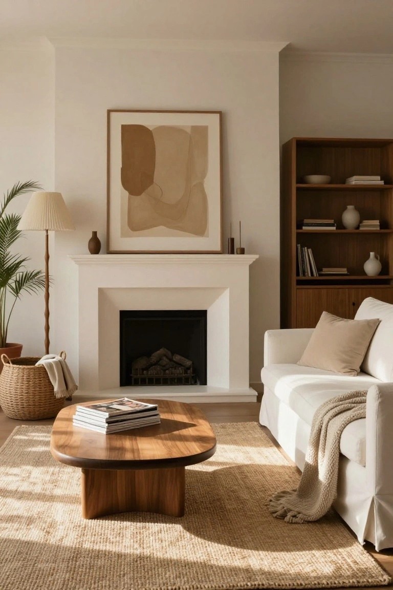 A sunlit minimalist living room with white walls, a white fireplace with logs, wooden coffee table holding stacked magazines, white sofa with beige pillows and throw, potted palm plant in basket, arched floor lamp, abstract beige artwork, and wooden bookshelves.