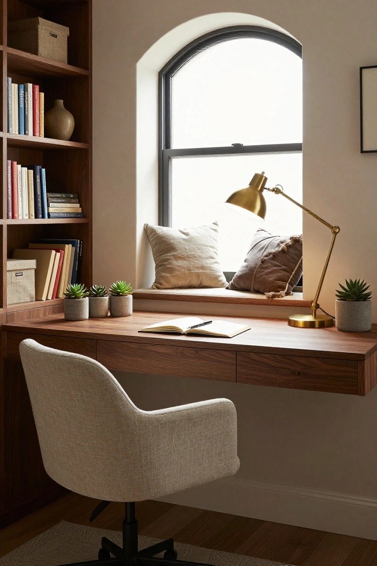 Wooden bookshelves surround a floating walnut desk under an arched black-framed window with beige cushions on the seat, potted succulents, an open notebook, a brass desk lamp, and a cream upholstered swivel chair in a light room with hardwood floors.