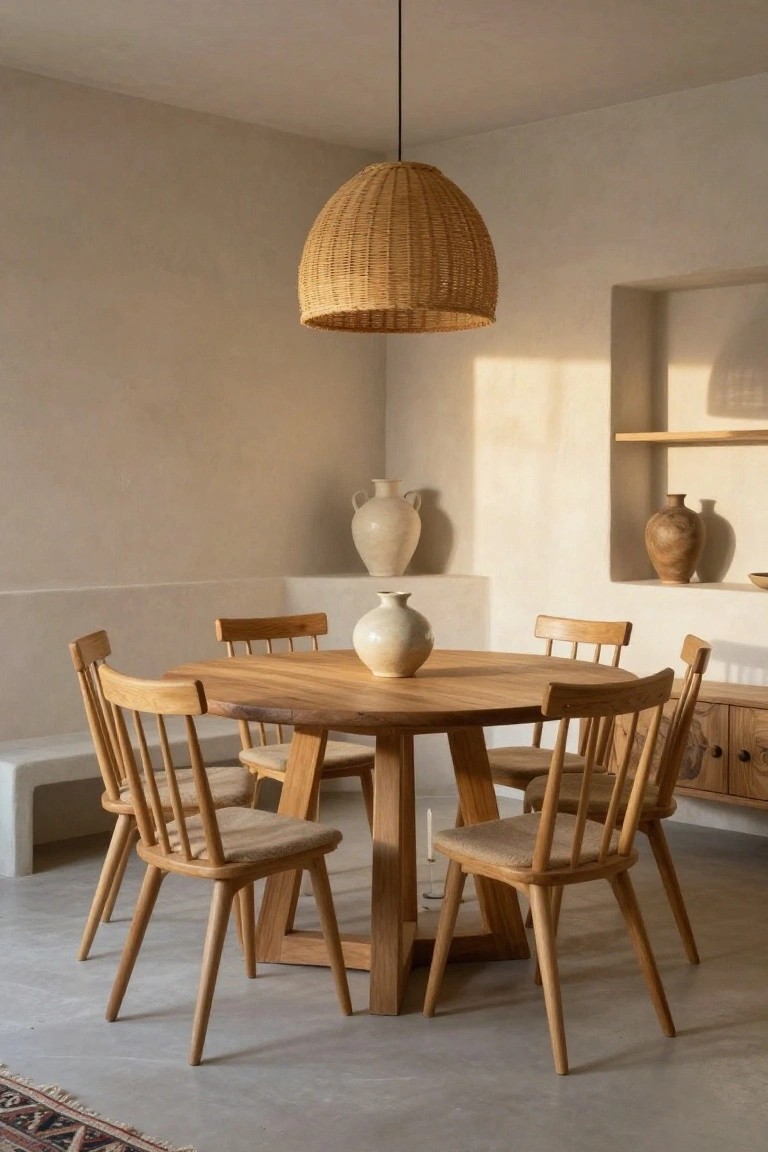 A minimalist beige dining nook with a round wooden table, four wooden chairs, a white bench against the wall, a woven rattan pendant lamp overhead, and ceramic vases on a wall niche shelf.