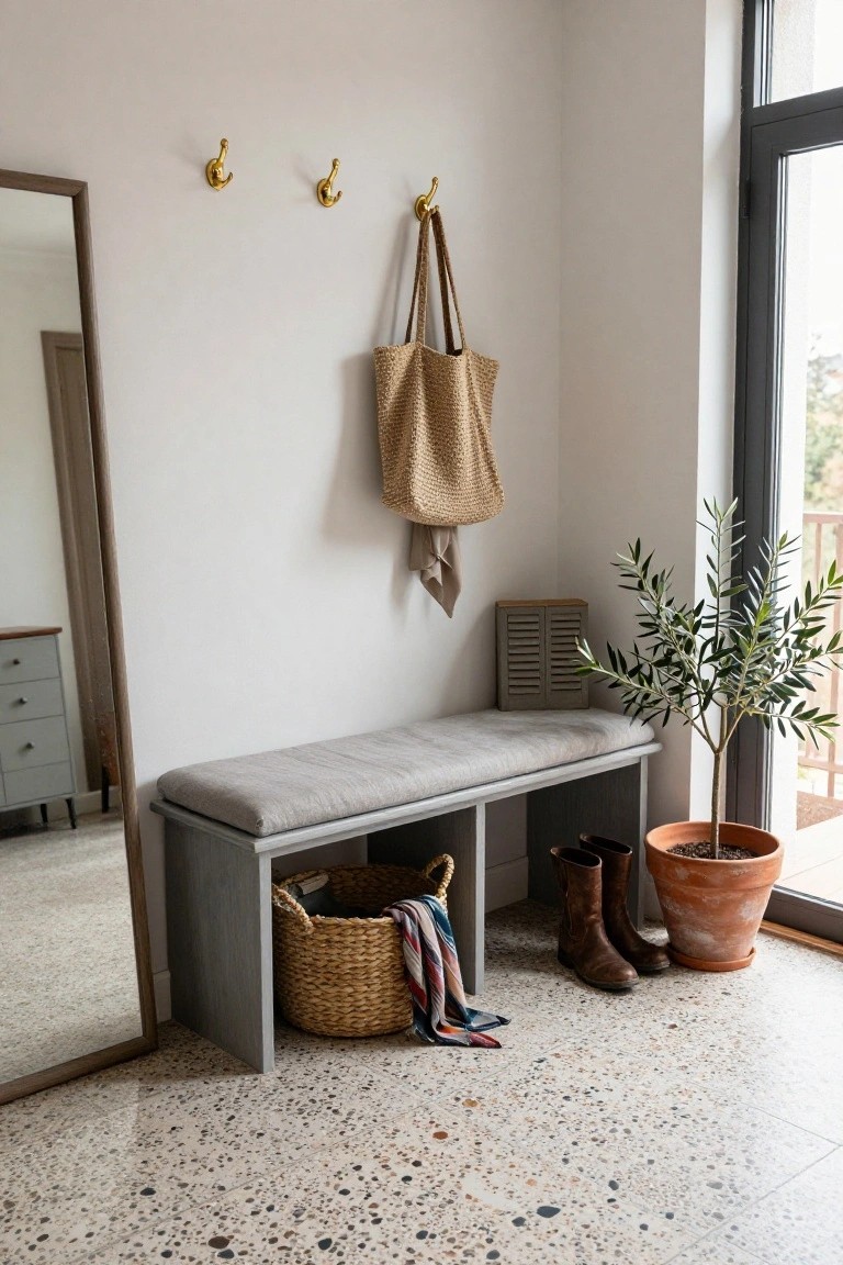 Modern entryway with gray bench, woven tote, potted olive tree, and boots.
