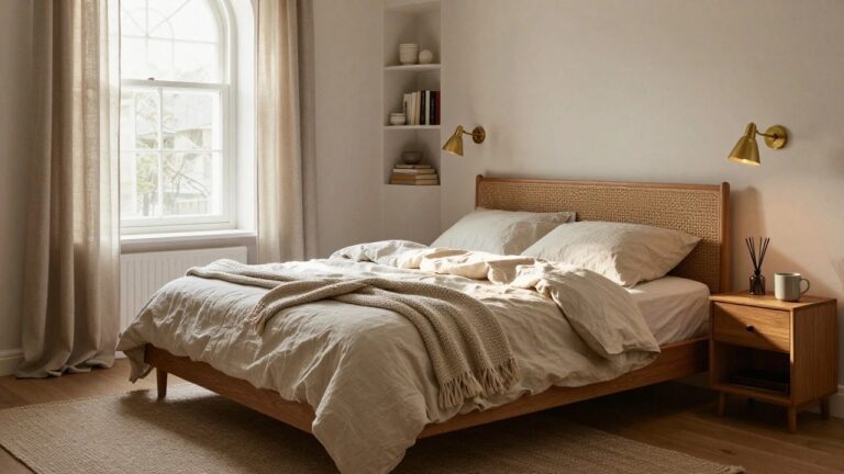 19 Stunning Cozy Minimalist Interior Designs With Peaceful Energy Low wooden platform bed with rumpled cream linen duvet and pillows in a light-colored bedroom, next to a small wooden side table holding a ceramic mug and lamp, with floating shelves above and an arched window draped in sheer curtains.