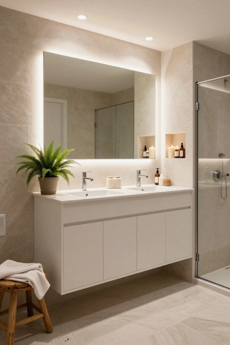 Modern minimalist bathroom with beige tiled walls and floor, white floating double vanity with two sinks, backlit rectangular mirror, potted fern plant, glass shower enclosure, and wooden stool with towel.