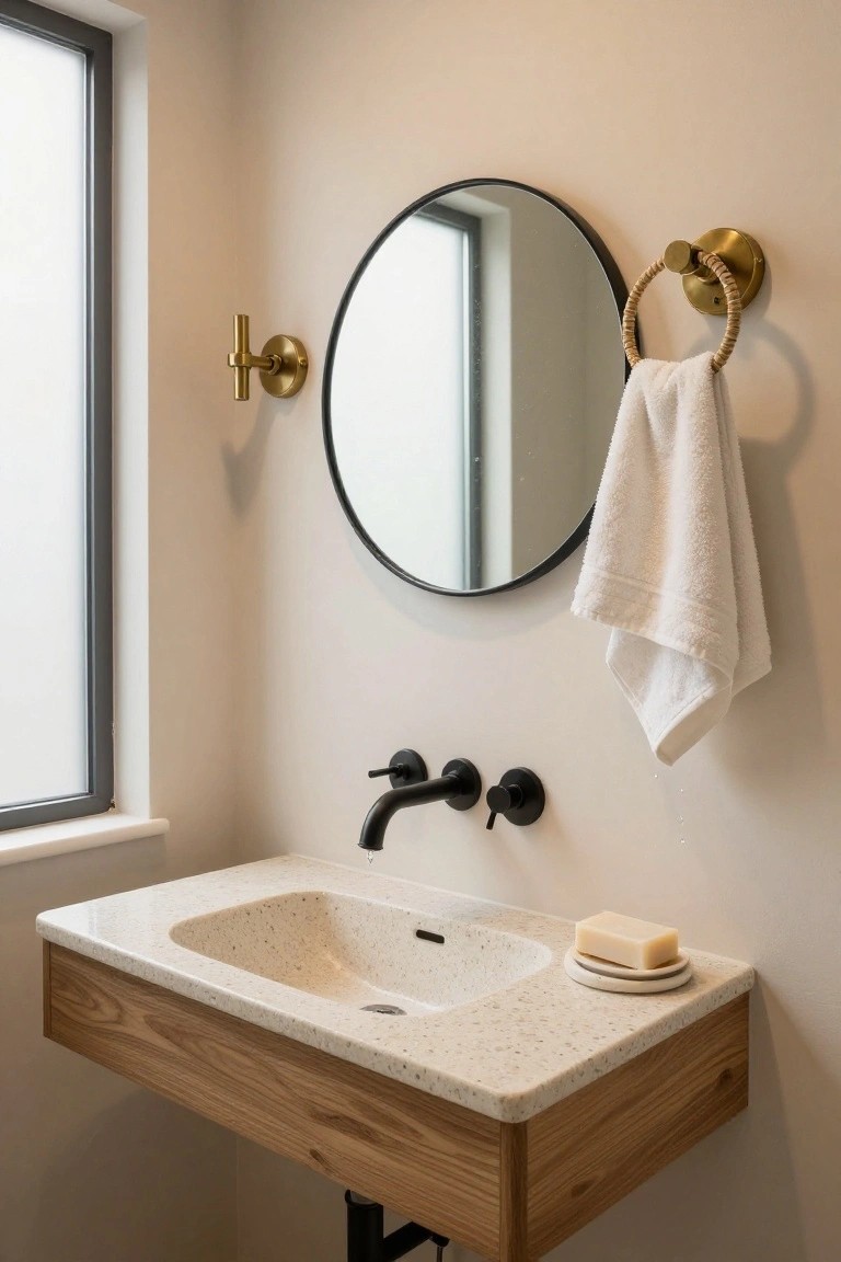 Minimalist bathroom with floating wooden vanity topped by white quartz sink, black matte faucet and handles, round black-framed mirror, gold towel ring holding white towel, and frosted window.