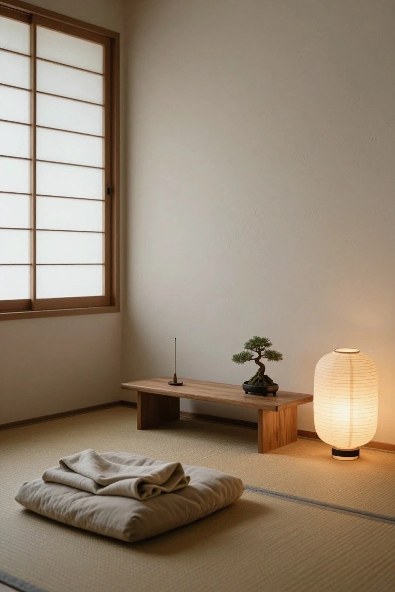 Minimalist Japanese interior with tatami floor mats, low wooden table displaying bonsai tree and incense holder, folded zabuton cushions, shoji screen window, and tall paper lantern lamp.