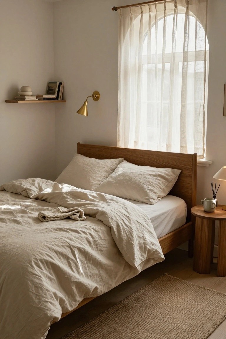 Low wooden platform bed with rumpled cream linen duvet and pillows in a light-colored bedroom, next to a small wooden side table holding a ceramic mug and lamp, with floating shelves above and an arched window draped in sheer curtains.