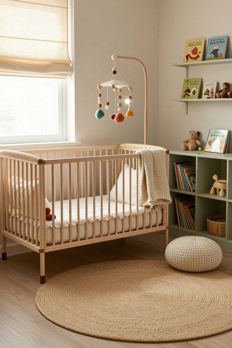 A minimalist nursery with a light wooden crib containing white bedding and pillows, a hanging mobile with felt balls, green bookshelves holding children's books and wooden toys, and a round jute rug on light wood flooring.