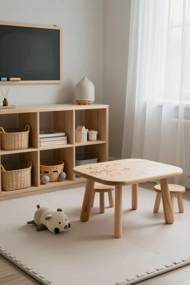 Minimalist children's playroom with light wooden open shelving unit containing baskets, books, and toys, small rectangular wooden table with two stools on foam play mat, stuffed panda toy on floor, blackboard on wall, and window with sheer curtains.