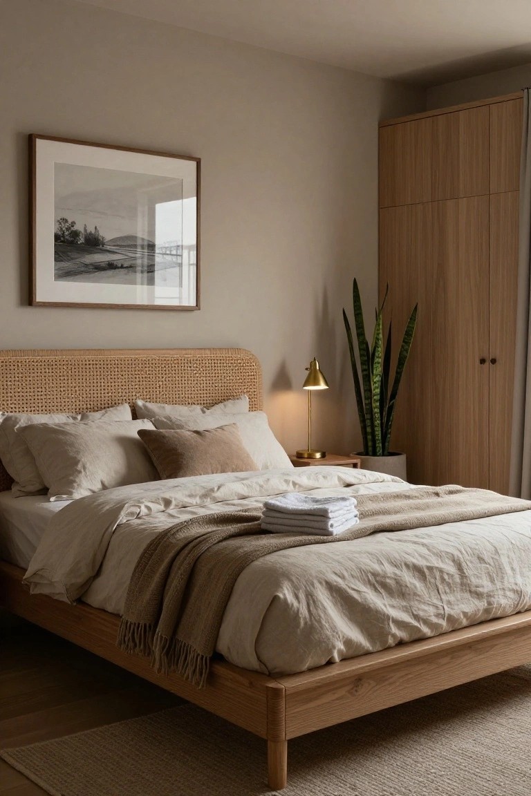 Cozy minimalist bedroom with curved rattan headboard on oak wood bed frame, stacked linen pillows and folded white towels on bed, gold lamp on nightstand beside potted snake plant, wooden wardrobe, and large framed black-and-white landscape photo on beige wall.