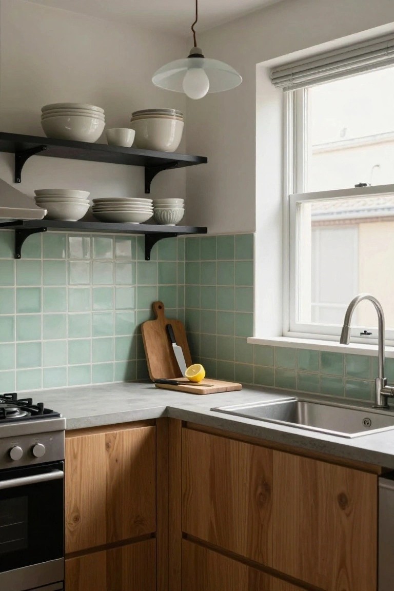 Corner view of a minimalist kitchen with light green subway-style tiles on the backsplash, wooden cabinets, concrete countertop, stainless sink and faucet, gas stove, open black shelves with white bowls and plates, wooden cutting board with lemon and knife, and pendant light above.