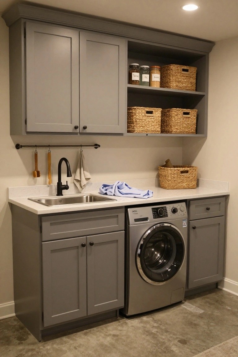 Gray shaker-style cabinets line a laundry room with an undermount sink, front-loading washer, open shelving holding wicker baskets, and hanging towels on a pipe rail.